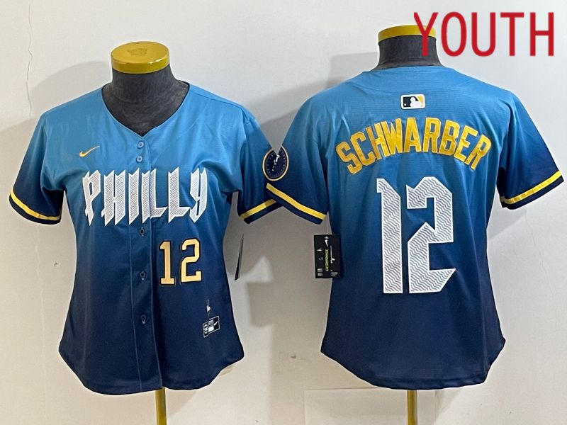 Youth Philadelphia Phillies 12 Schwarber Blue City Edition Nike 2024 MLB Jersey style 3